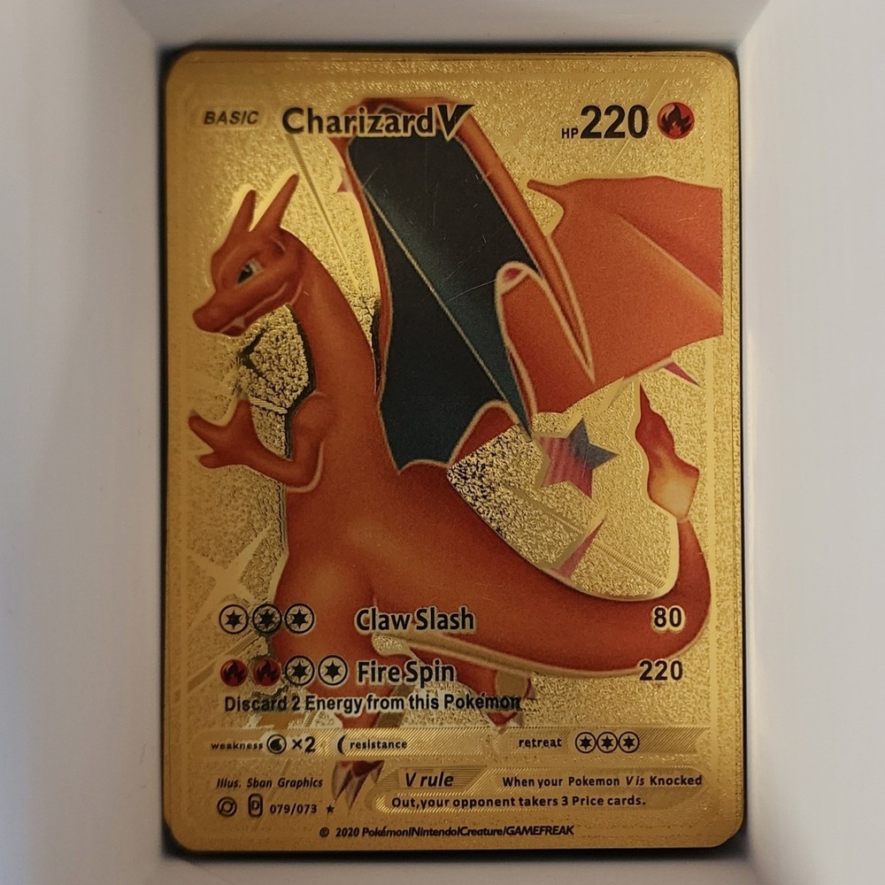 Pokemon Charizard V Gold Metallic Foil Card Custom Shiny Etched TCG Fan Art 0067
